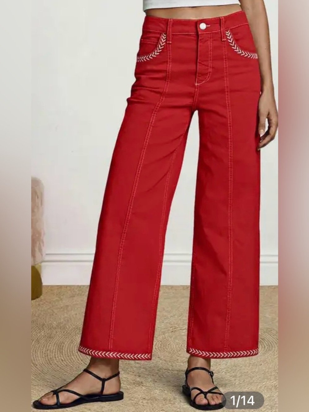 High-Rise Red Cropped Wide-Leg Jeans with Embroidered Trim